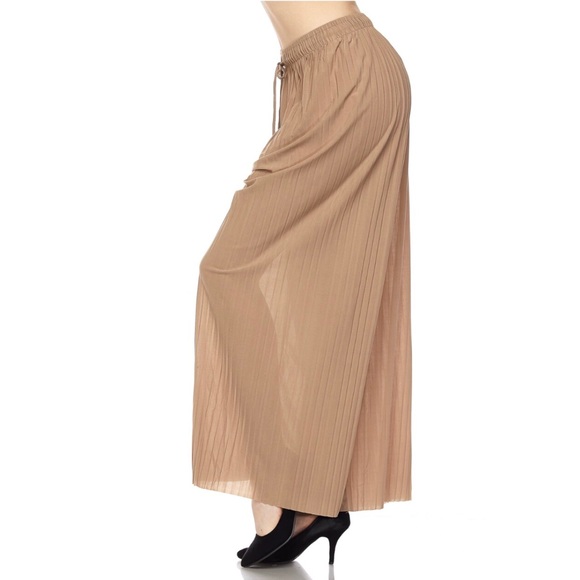 Mocha Pleated Palazzo Wide Leg Pants w/Drawstring - Picture 3 of 5